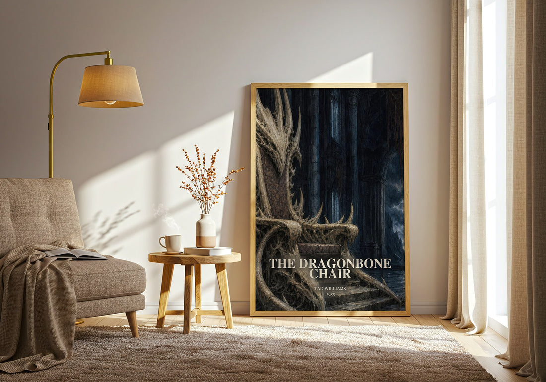 The Dragonbone Chair watercolour print in frame leaning in hallway – fantasy wall art (mockup)