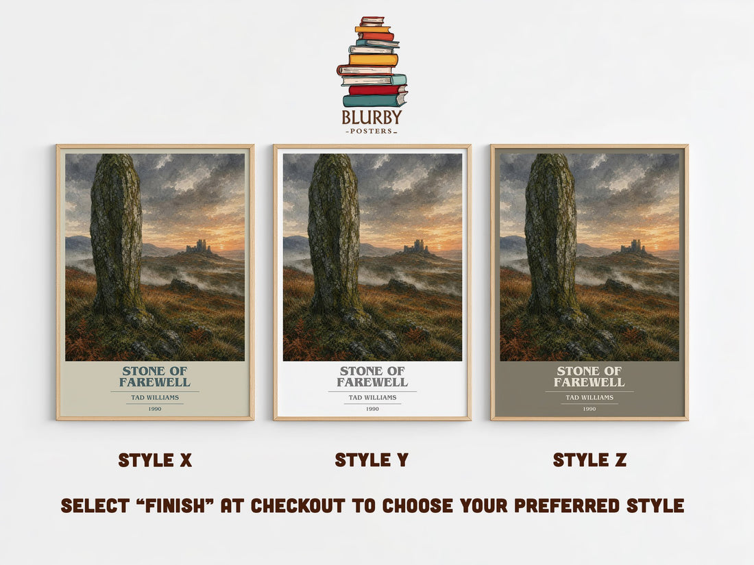 Stone of Farewell book cover print in frame leaning in hallway – fantasy wall art (mockup)