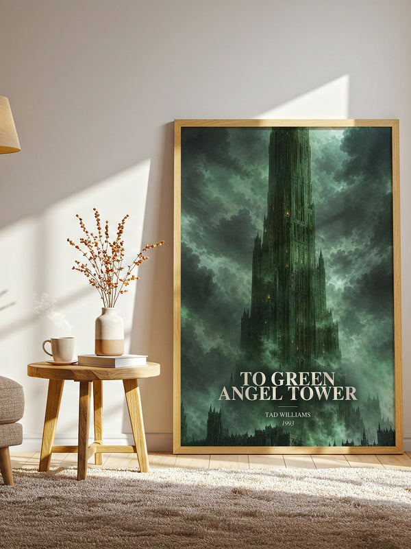 To Green Angel Tower watercolour print in frame leaning in hallway – fantasy wall art