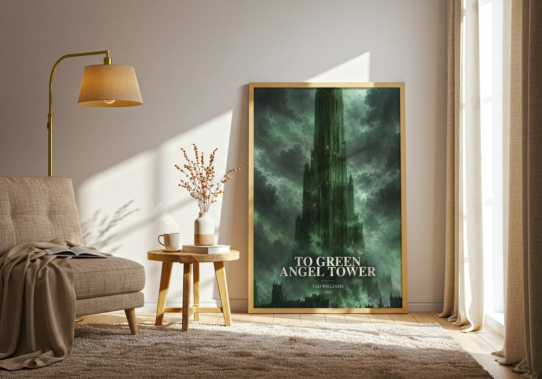 To Green Angel Tower watercolour print in frame leaning in hallway – fantasy wall art (mockup)