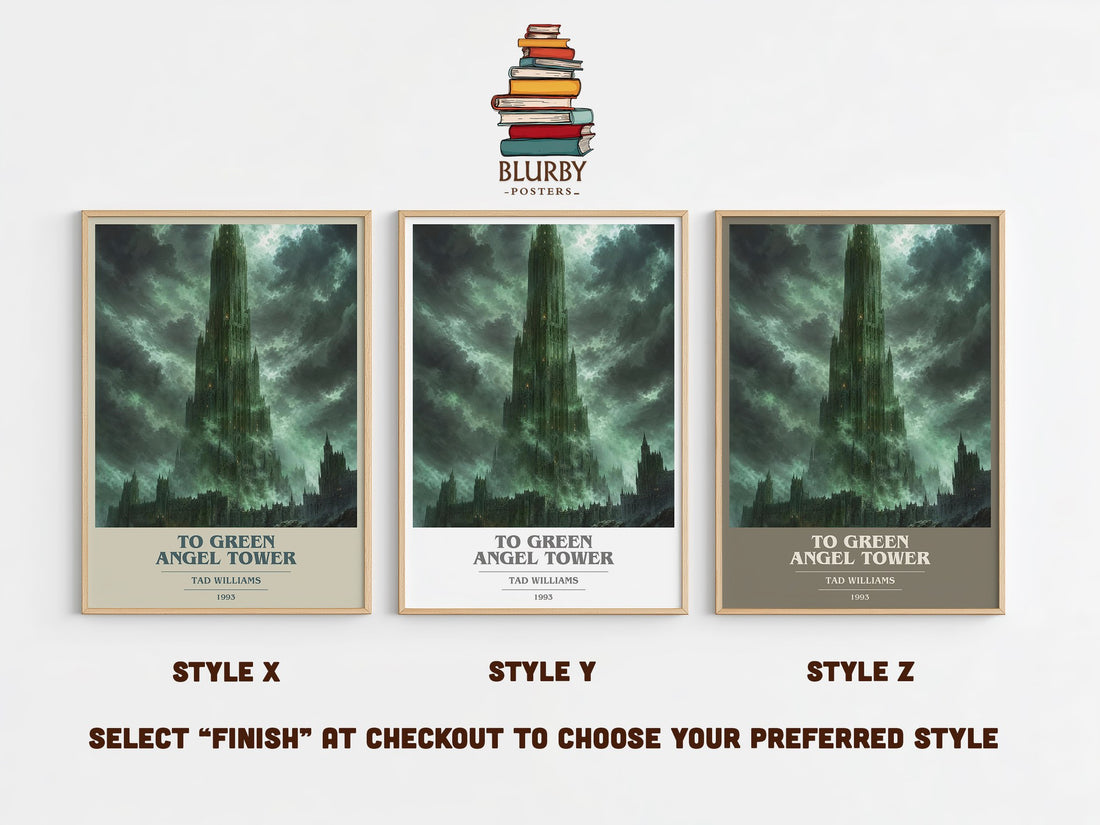 To Green Angel Tower book cover print in frame leaning in hallway – fantasy wall art (mockup)