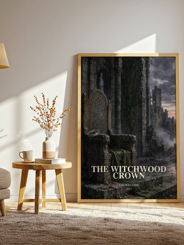 The Witchwood Crown watercolour print in frame leaning in hallway – fantasy wall art