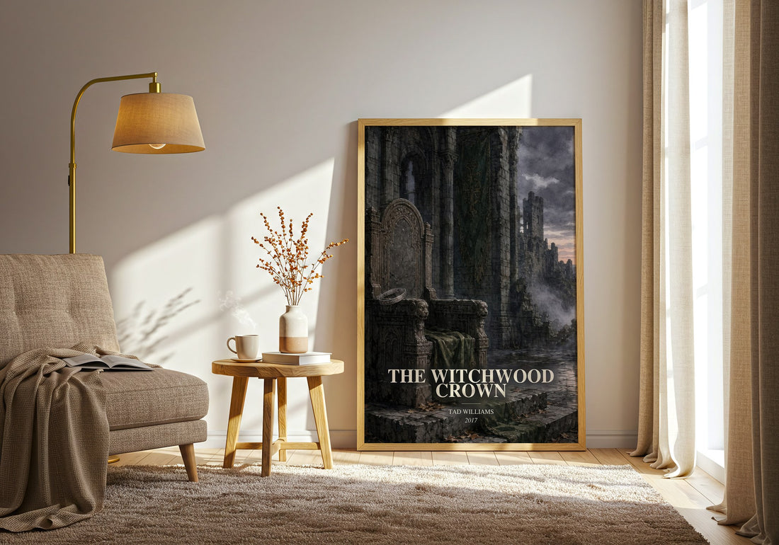 The Witchwood Crown watercolour print in frame leaning in hallway – fantasy wall art (mockup)