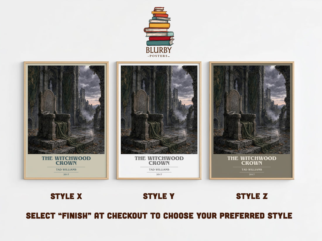 The Witchwood Crown book cover print in frame leaning in hallway – fantasy wall art (mockup)