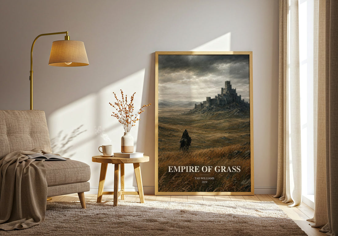 Empire of Grass watercolour print in frame leaning in hallway – fantasy wall art (mockup)