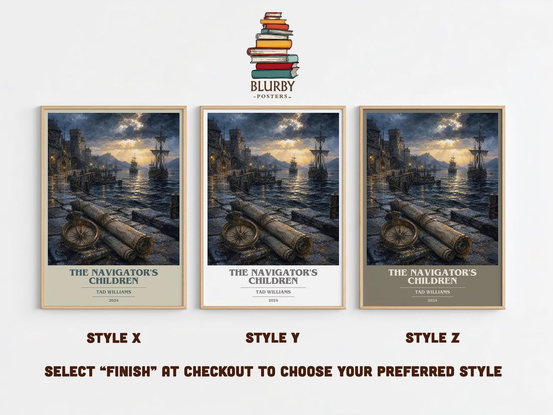 The Navigator's Children book cover print in frame leaning in hallway – fantasy wall art (mockup)