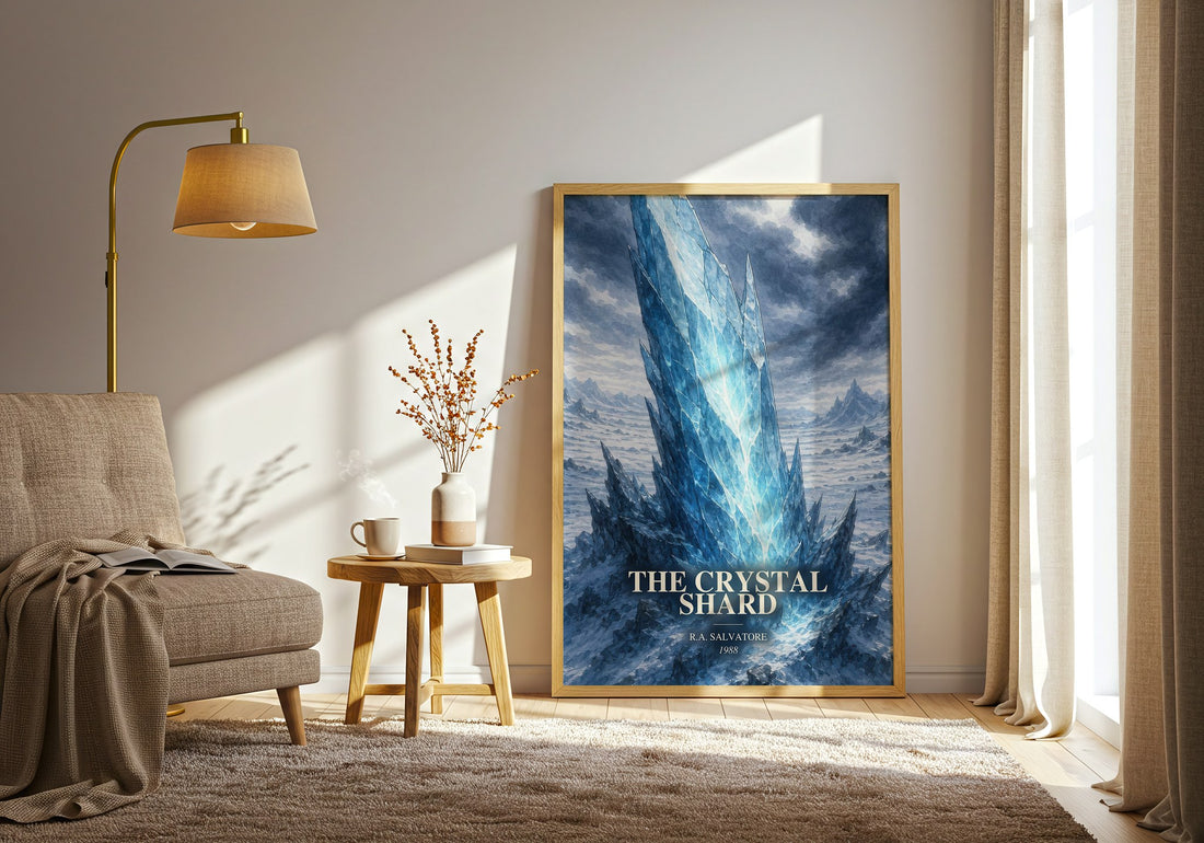 The Crystal Shard watercolour print in frame leaning in hallway – fantasy wall art (mockup)
