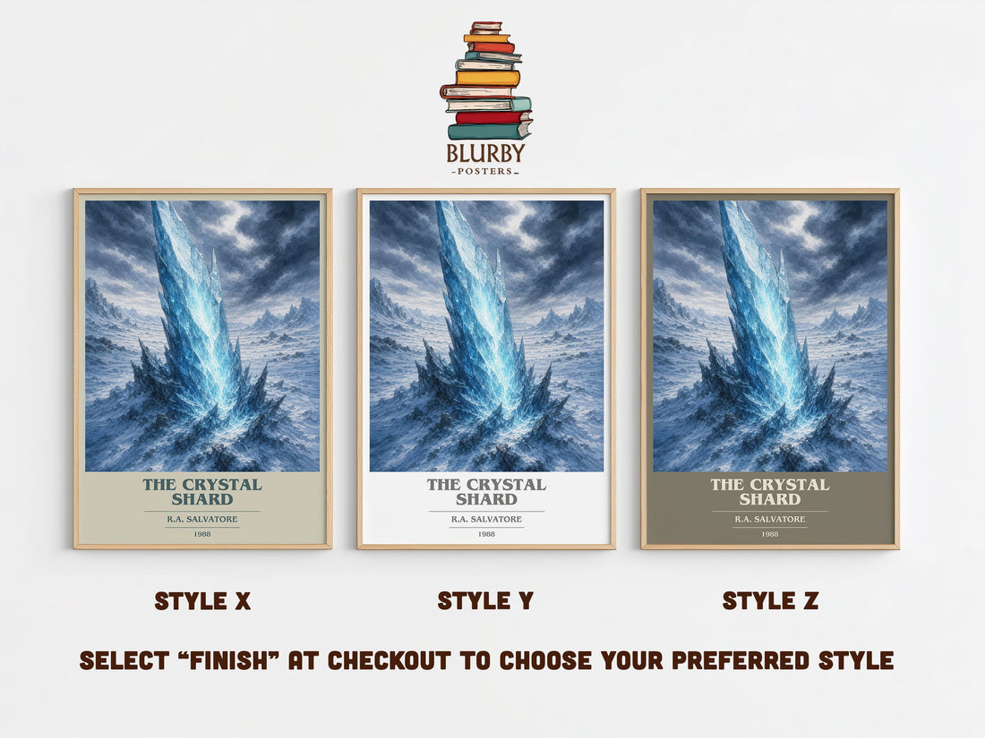 The Crystal Shard book cover print in frame leaning in hallway – fantasy wall art (mockup)
