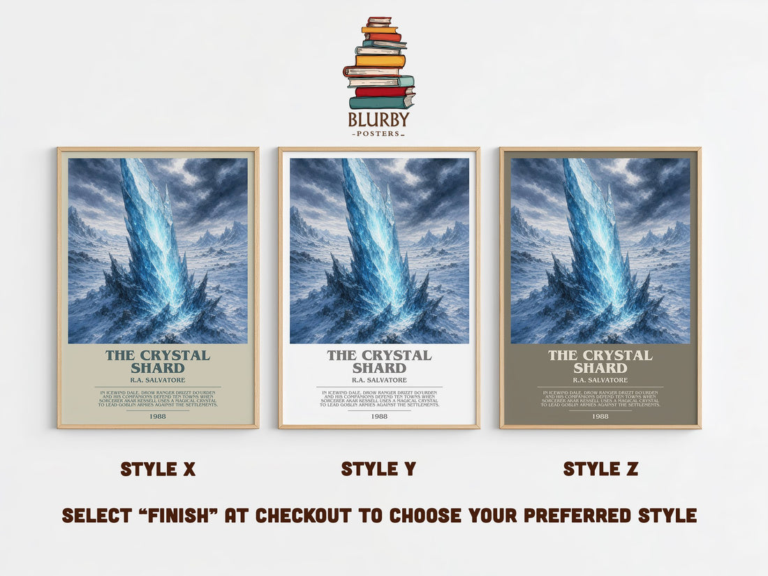 The Crystal Shard bookish print in frame leaning in hallway – fantasy wall art (mockup)
