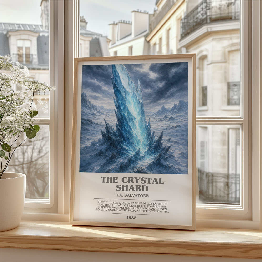 The Crystal Shard bookish poster colour and style options – R.A. Salvatore book art (mockup)