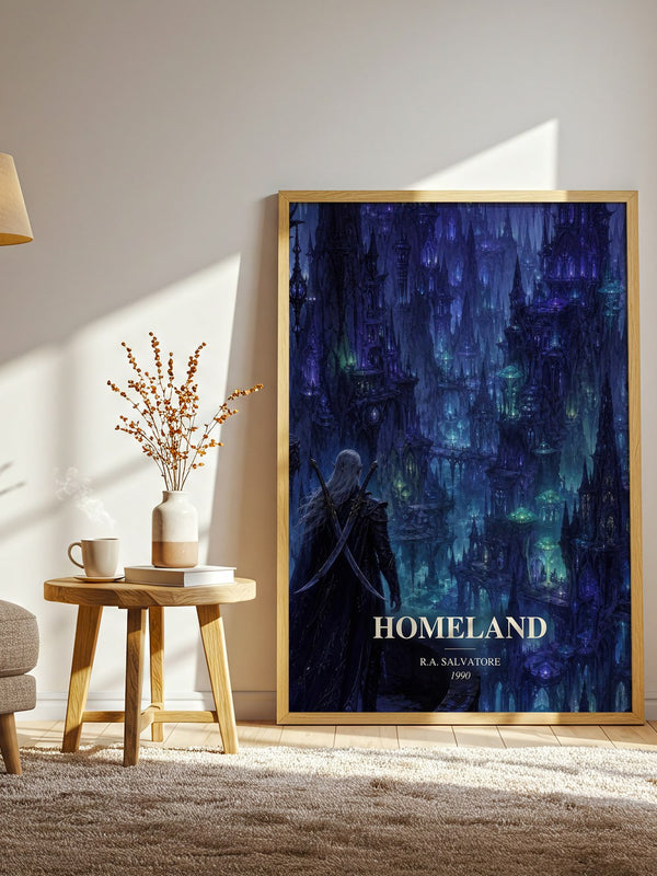 Homeland watercolour print in frame leaning in hallway – fantasy wall art