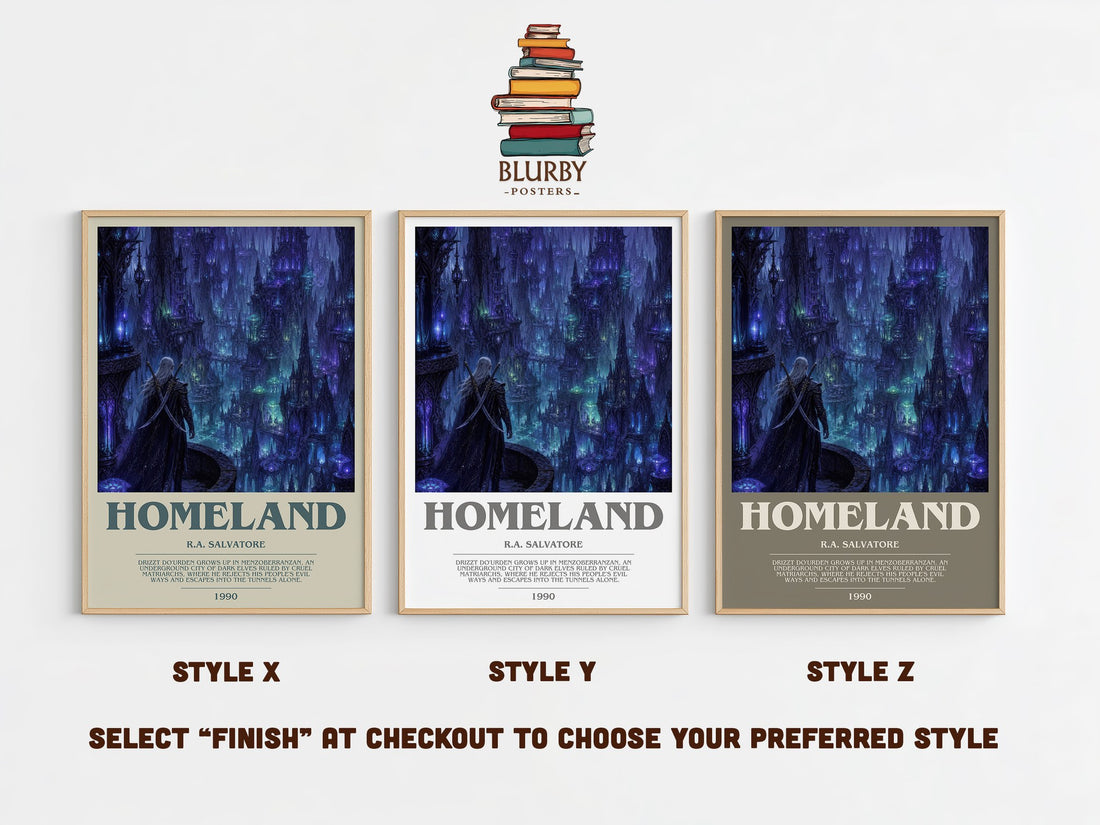 Homeland bookish print in frame leaning in hallway – fantasy wall art (mockup)
