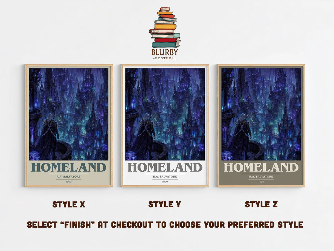 Homeland book cover print in frame leaning in hallway – fantasy wall art (mockup)