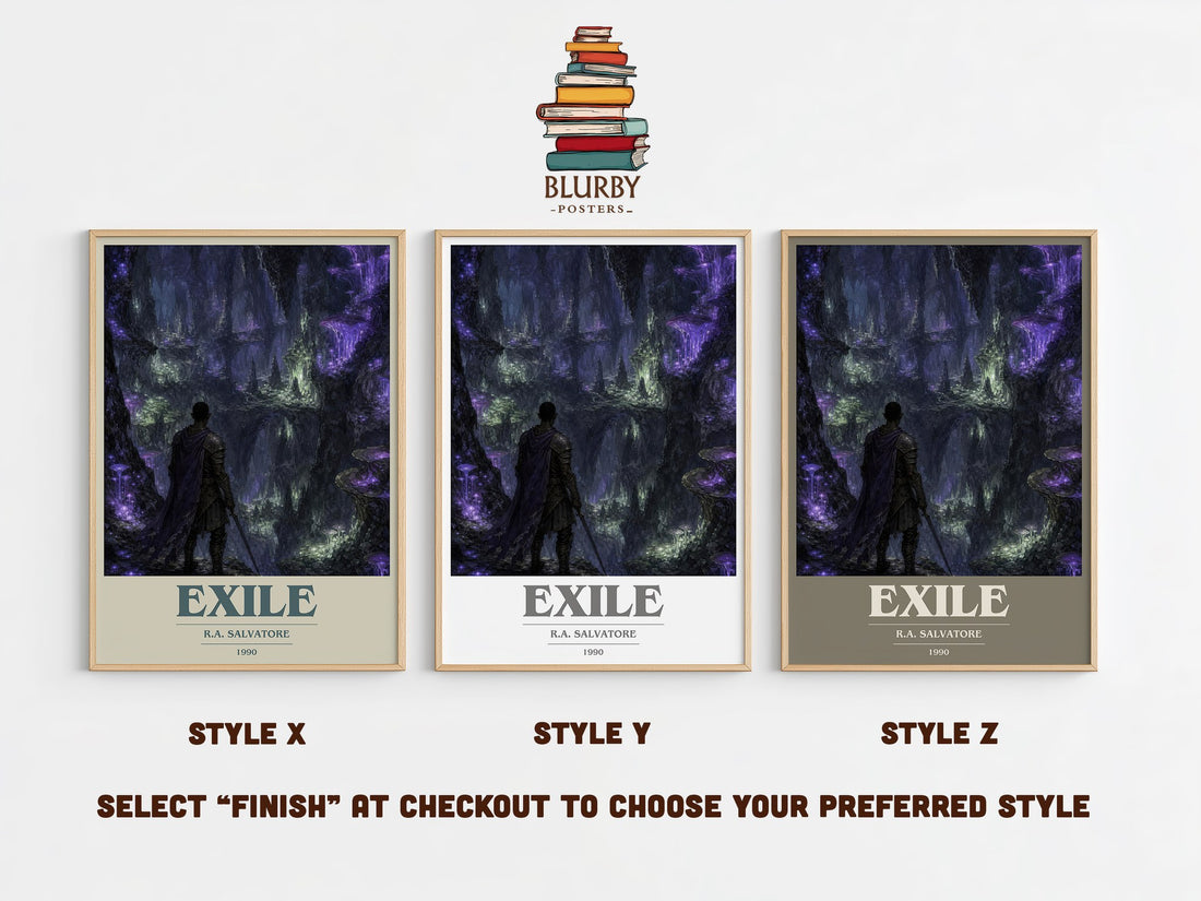 Exile book cover print in frame leaning in hallway – fantasy wall art (mockup)
