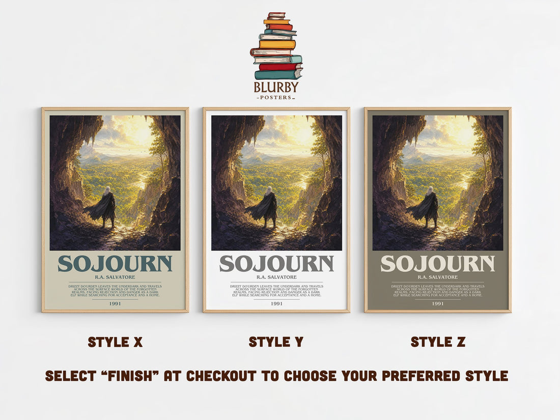 Sojourn bookish print in frame leaning in hallway – fantasy wall art (mockup)