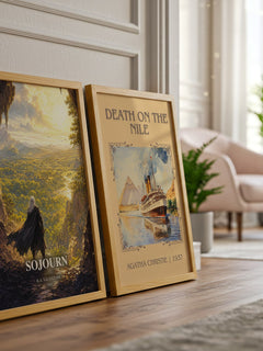Sojourn watercolour print framed by window – literary home decor