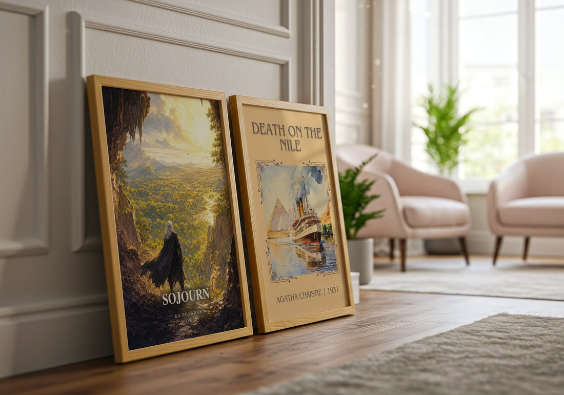 Sojourn watercolour print framed by window – literary home decor