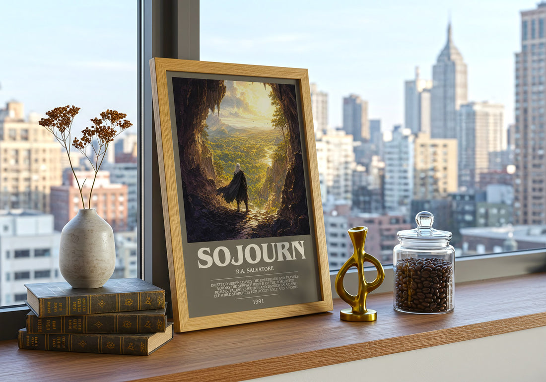 Sojourn bookish print framed by window – literary home decor