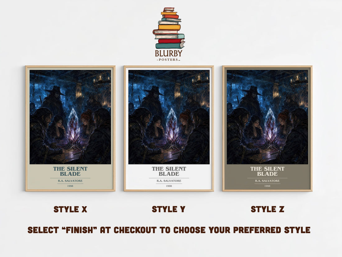 The Silent Blade book cover print in frame leaning in hallway – fantasy wall art (mockup)