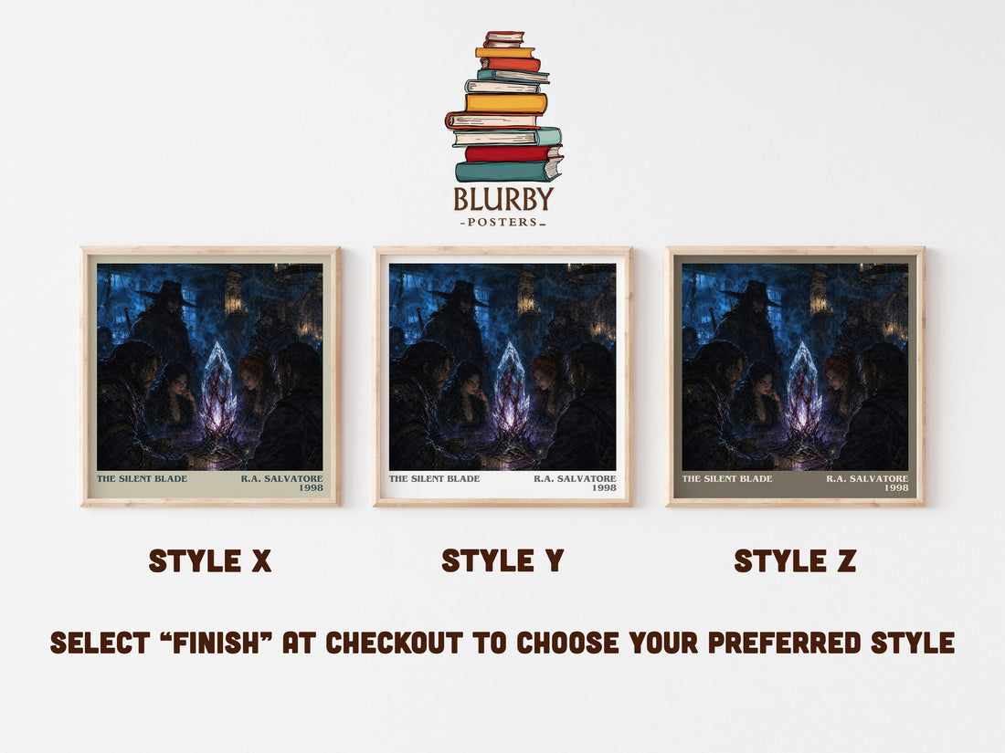 The Silent Blade literary print in frame leaning in hallway – fantasy wall art (mockup)
