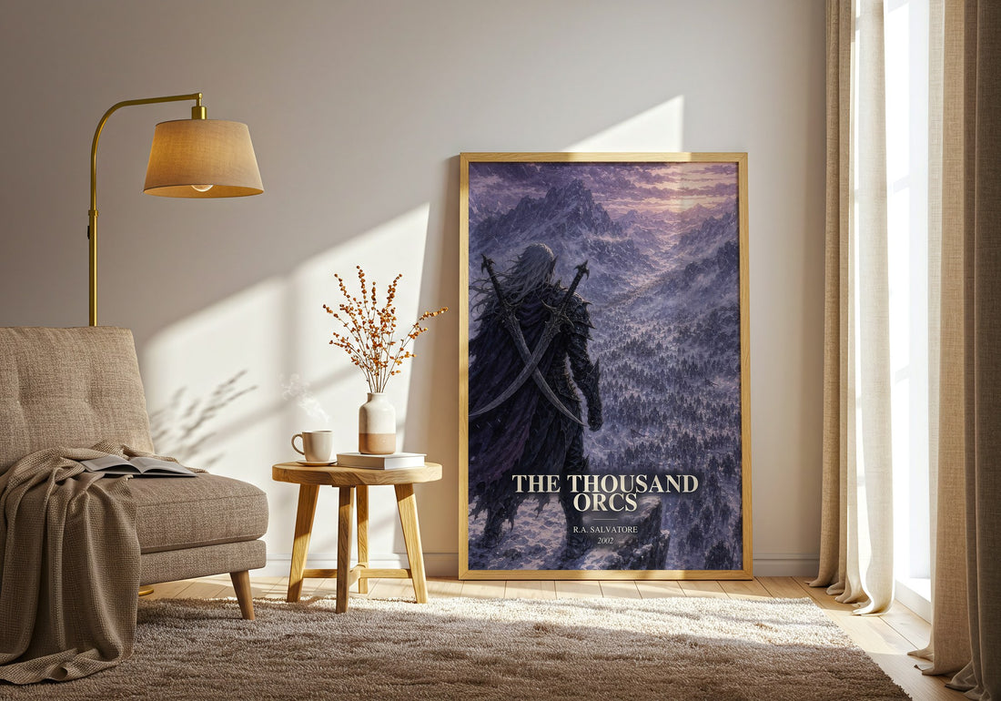 The Thousand Orcs watercolour print in frame leaning in hallway – fantasy wall art (mockup)