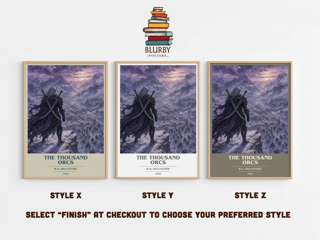 The Thousand Orcs book cover print in frame leaning in hallway – fantasy wall art (mockup)