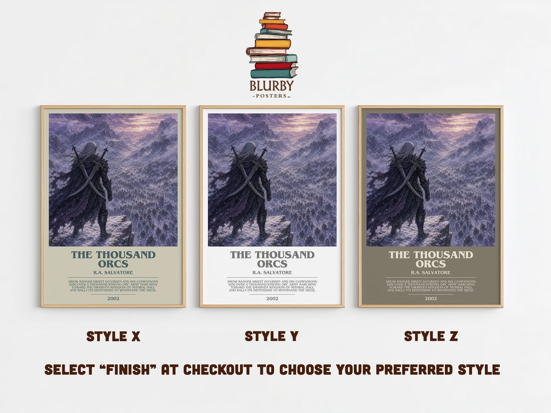 The Thousand Orcs bookish print in frame leaning in hallway – fantasy wall art (mockup)