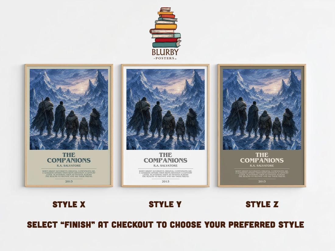 The Companions bookish print in frame leaning in hallway – fantasy wall art (mockup)