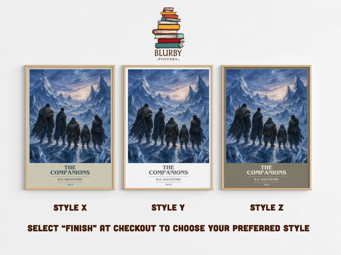 The Companions book cover print in frame leaning in hallway – fantasy wall art (mockup)