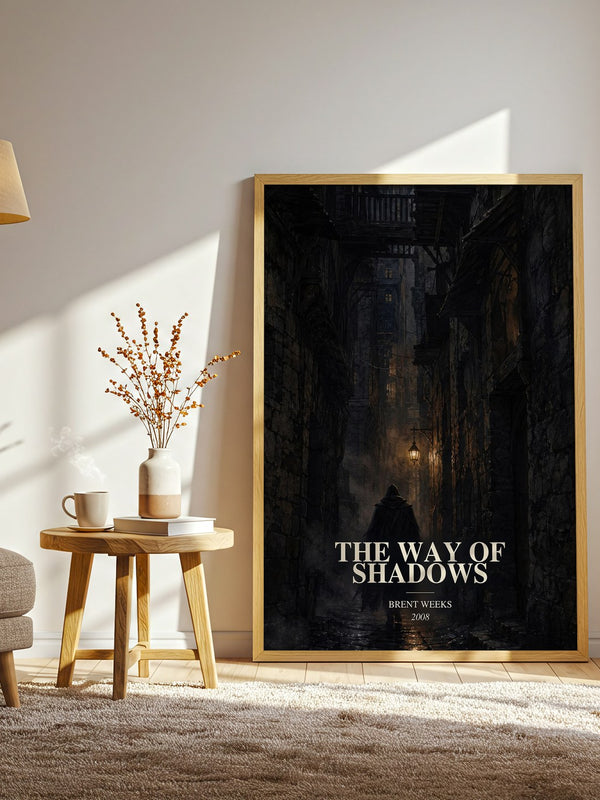 The Way of Shadows watercolour print in frame leaning in hallway – fantasy wall art