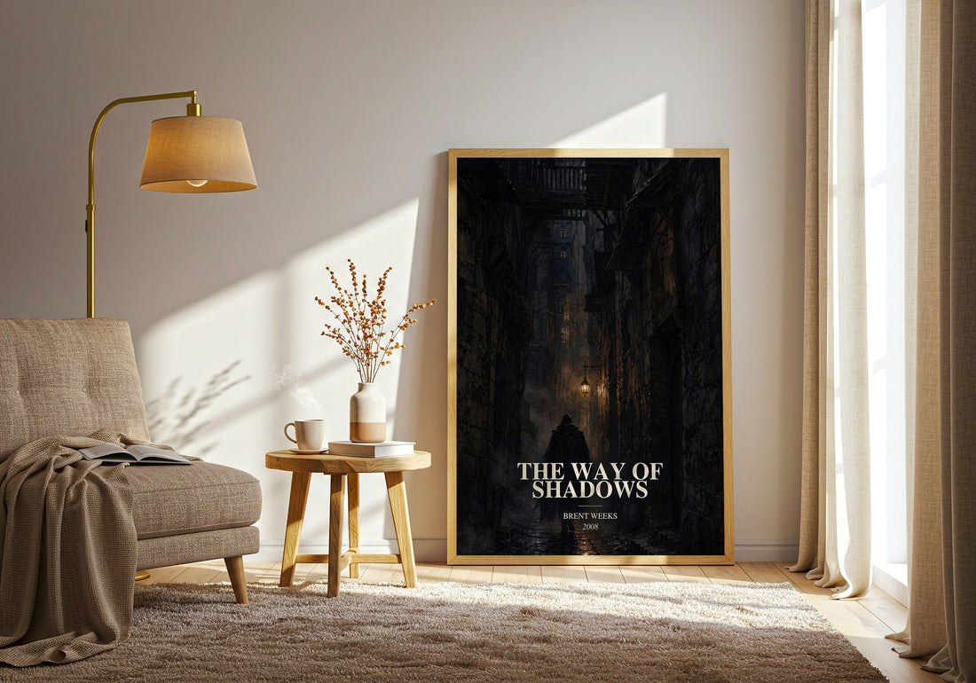 The Way of Shadows watercolour print in frame leaning in hallway – fantasy wall art (mockup)