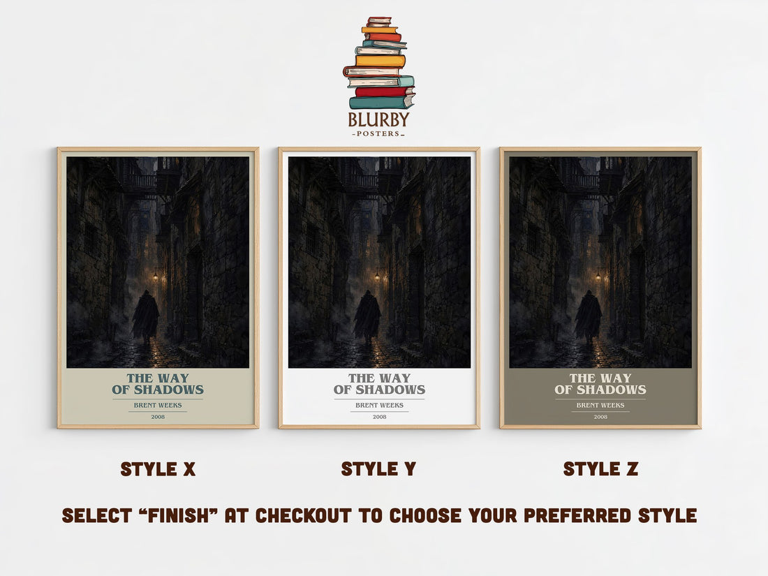 The Way of Shadows book cover print in frame leaning in hallway – fantasy wall art (mockup)
