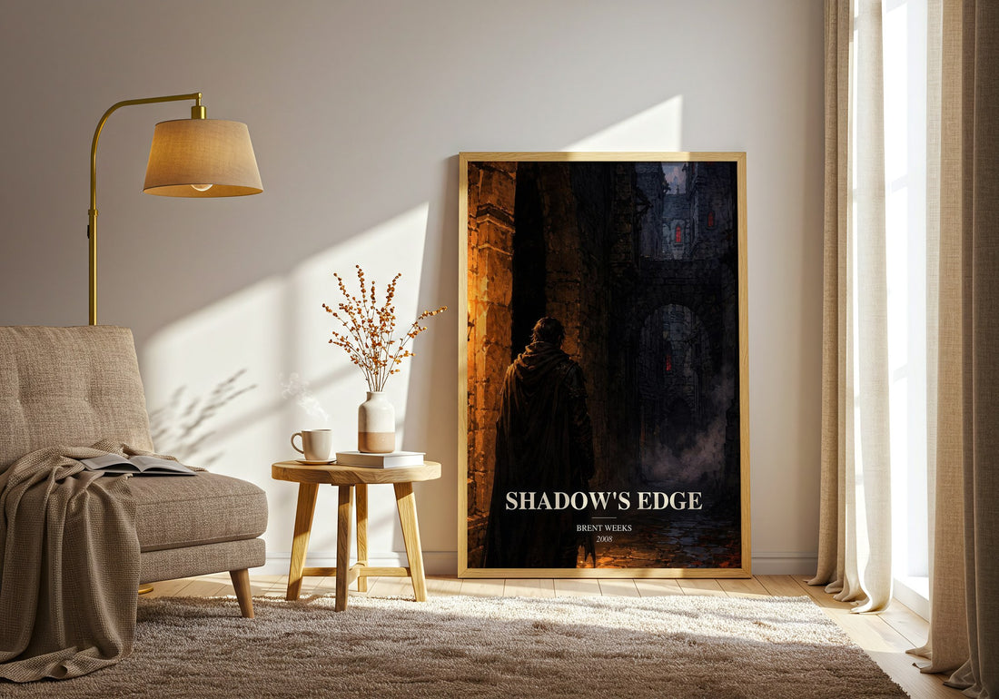Shadow's Edge watercolour print in frame leaning in hallway – fantasy wall art (mockup)