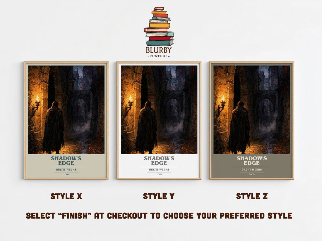 Shadow's Edge book cover print in frame leaning in hallway – fantasy wall art (mockup)