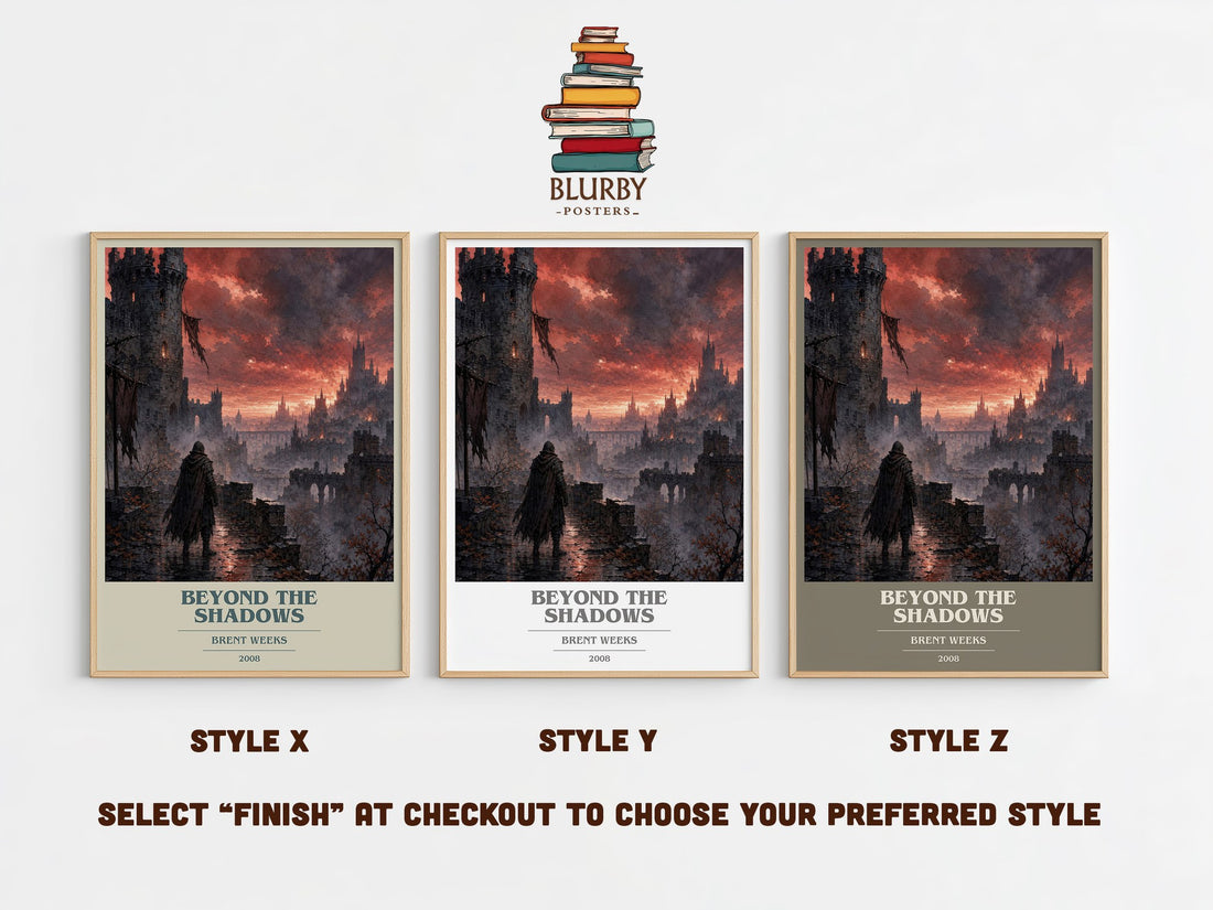 Beyond the Shadows book cover print in frame leaning in hallway – fantasy wall art (mockup)