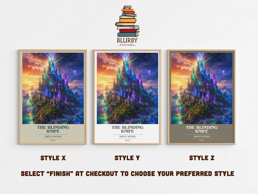 The Blinding Knife book cover print in frame leaning in hallway – fantasy wall art (mockup)
