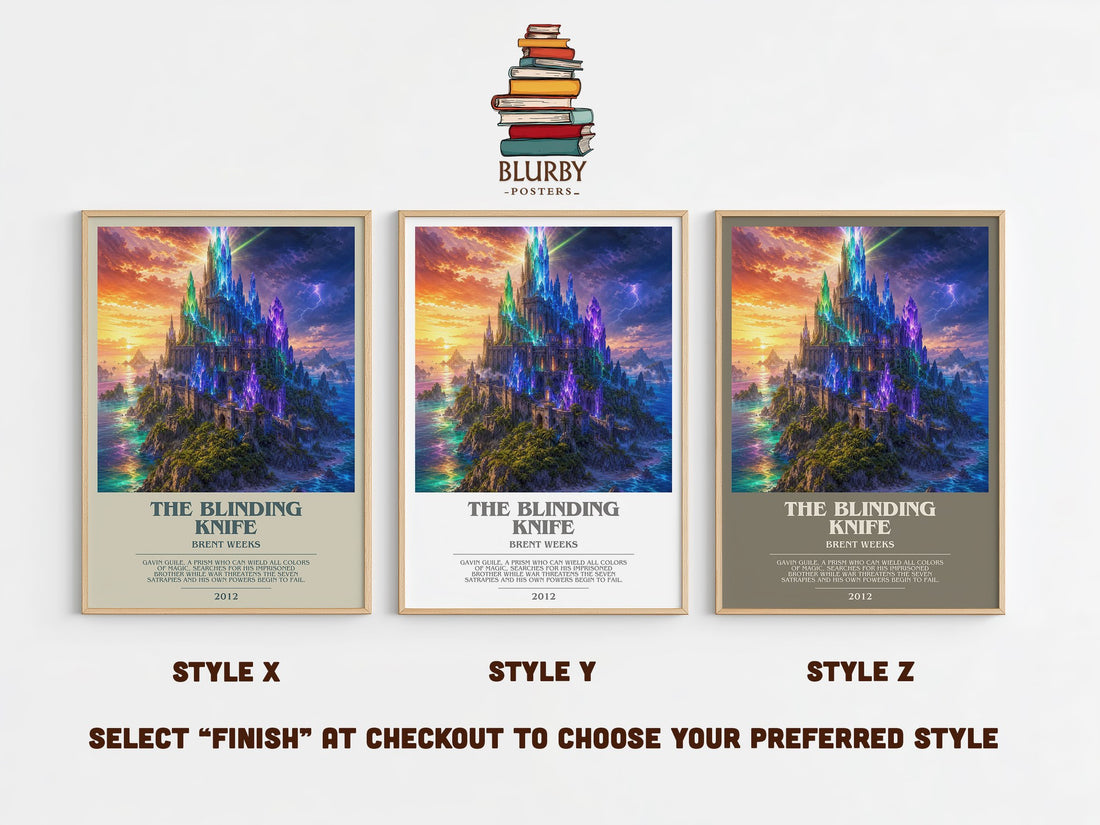 The Blinding Knife bookish print in frame leaning in hallway – fantasy wall art (mockup)