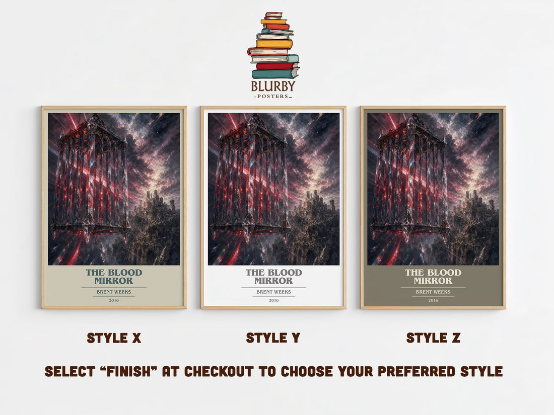 The Blood Mirror book cover print in frame leaning in hallway – fantasy wall art (mockup)