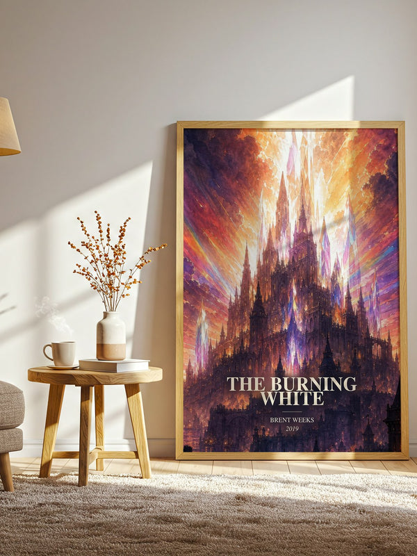 The Burning White watercolour print in frame leaning in hallway – fantasy wall art