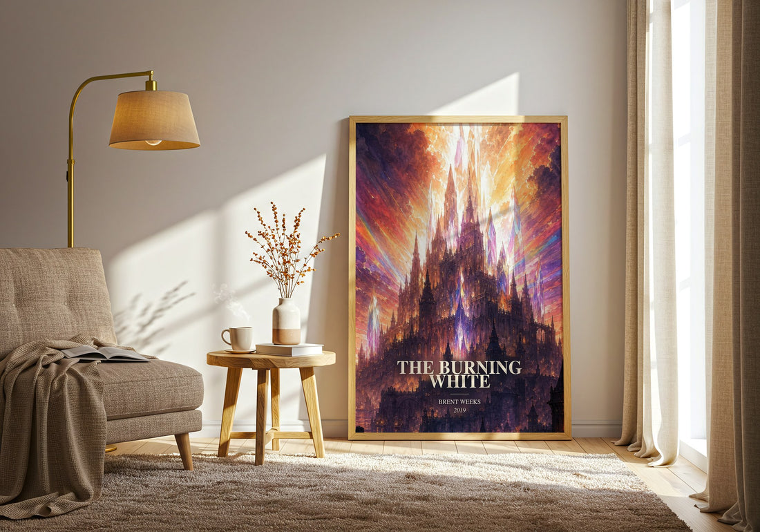 The Burning White watercolour print in frame leaning in hallway – fantasy wall art (mockup)