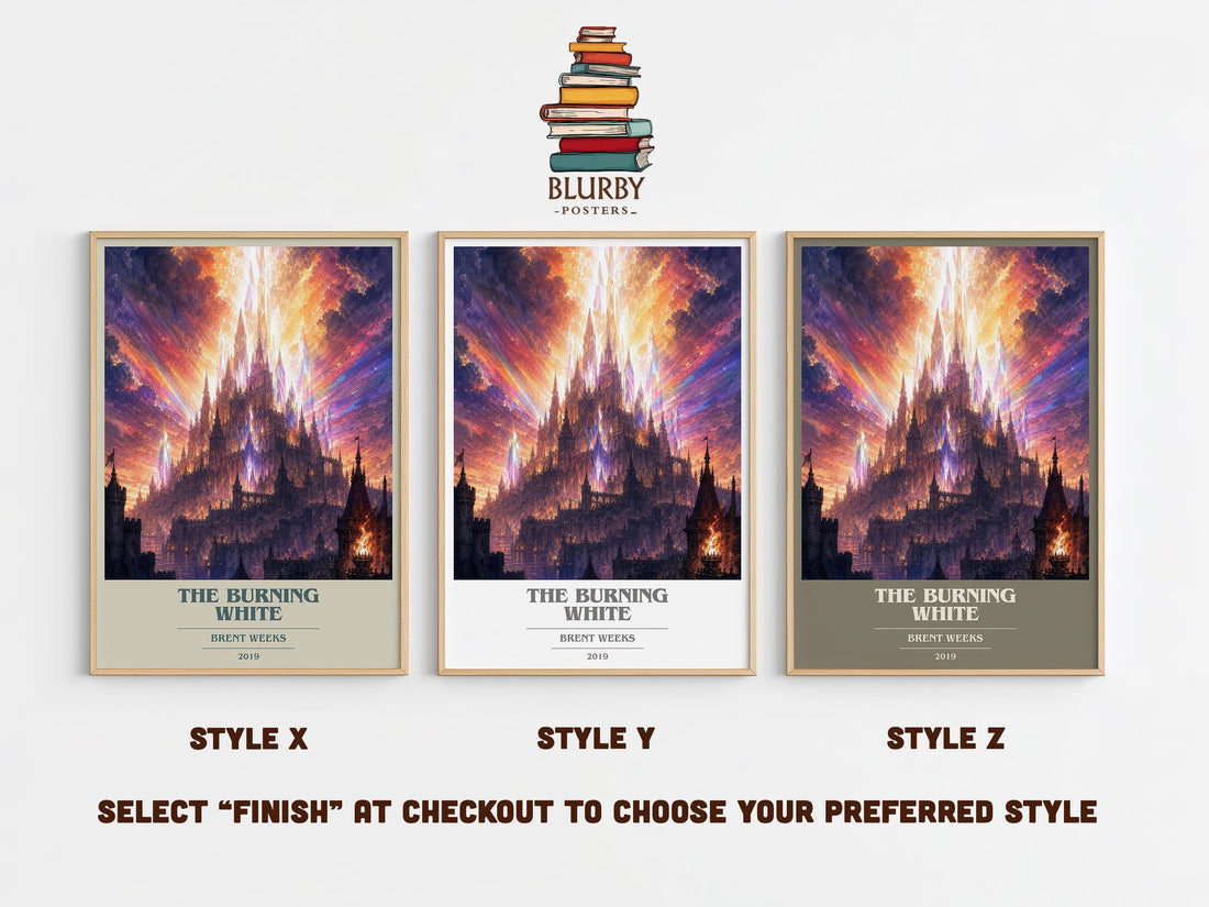 The Burning White book cover print in frame leaning in hallway – fantasy wall art (mockup)