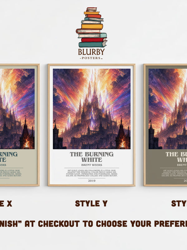 The Burning White bookish print in frame leaning in hallway – fantasy wall art