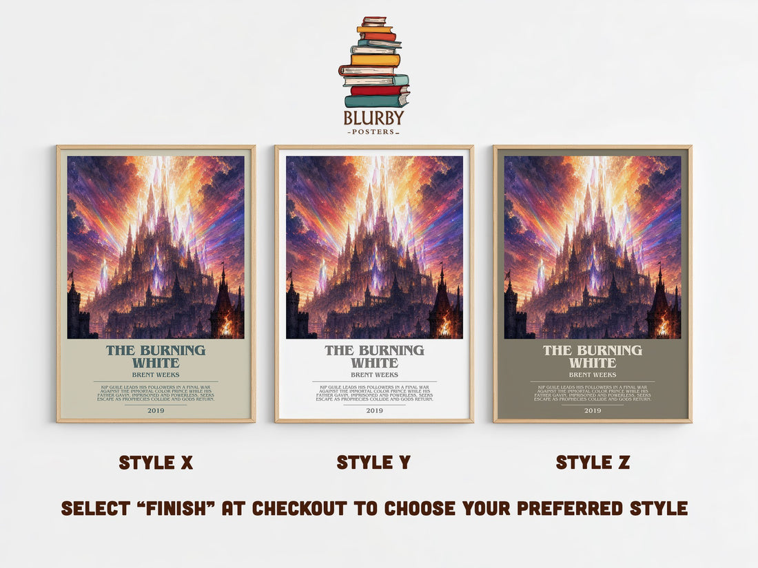 The Burning White bookish print in frame leaning in hallway – fantasy wall art (mockup)