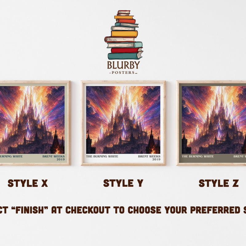 The Burning White literary print in frame leaning in hallway – fantasy wall art