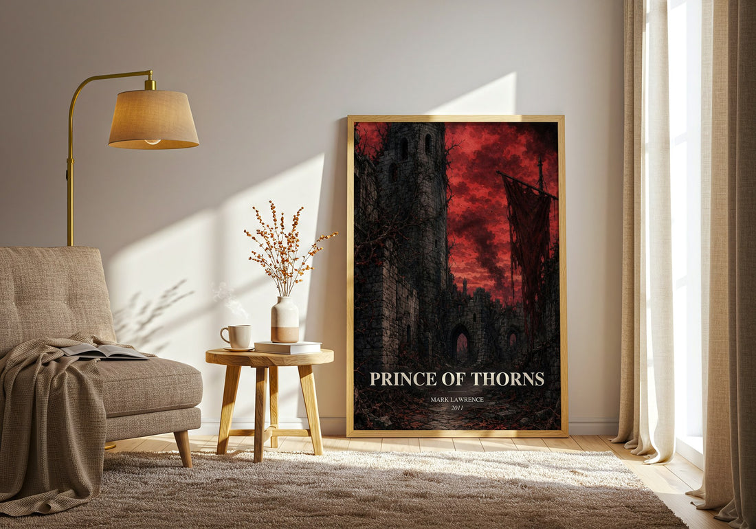 Prince of Thorns watercolour print in frame leaning in hallway – fantasy wall art (mockup)