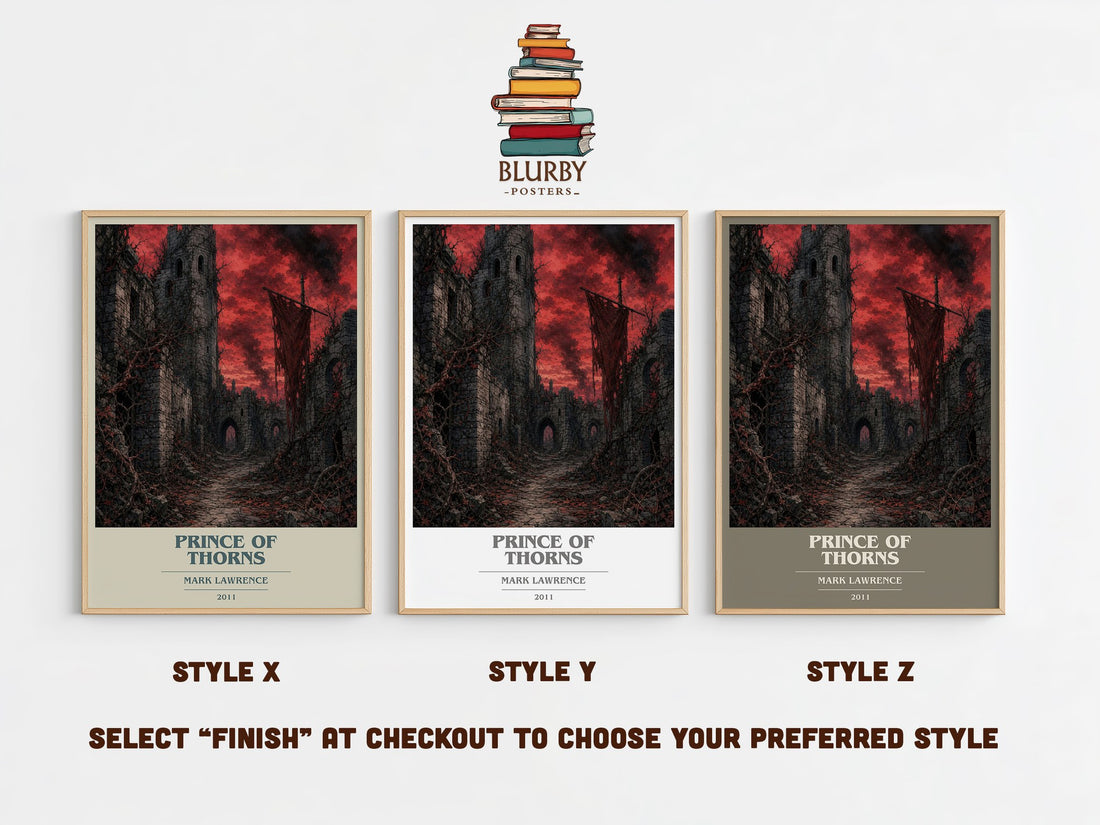 Prince of Thorns book cover print in frame leaning in hallway – fantasy wall art (mockup)