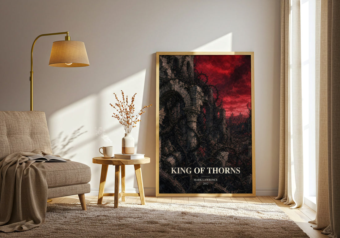 King of Thorns watercolour print in frame leaning in hallway – fantasy wall art (mockup)
