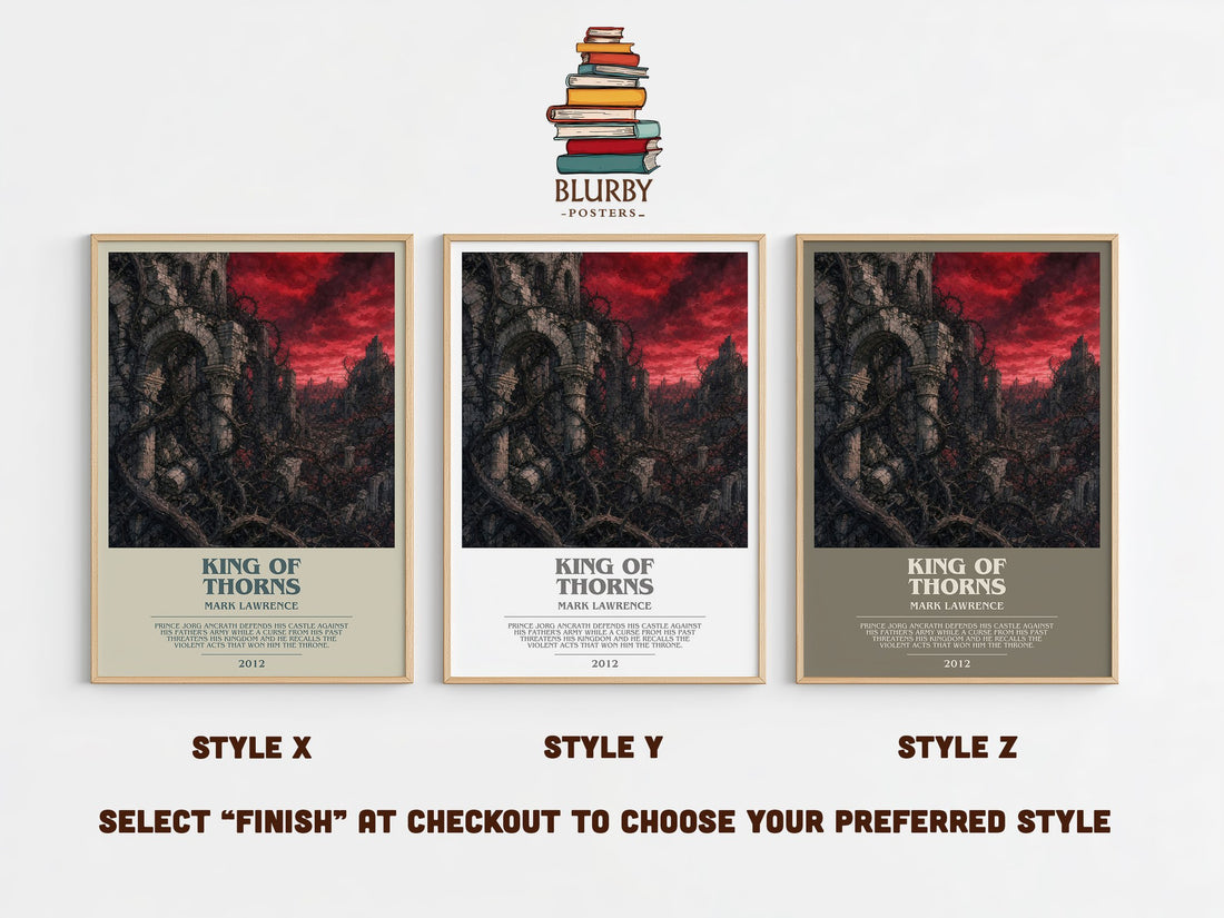King of Thorns bookish print in frame leaning in hallway – fantasy wall art (mockup)