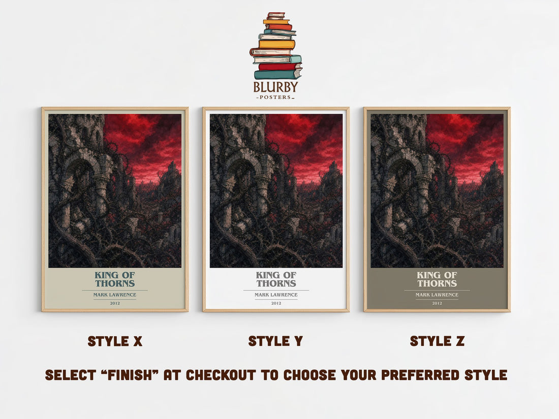 King of Thorns book cover print in frame leaning in hallway – fantasy wall art (mockup)