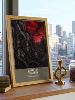 King of Thorns book cover print framed by window – literary home decor